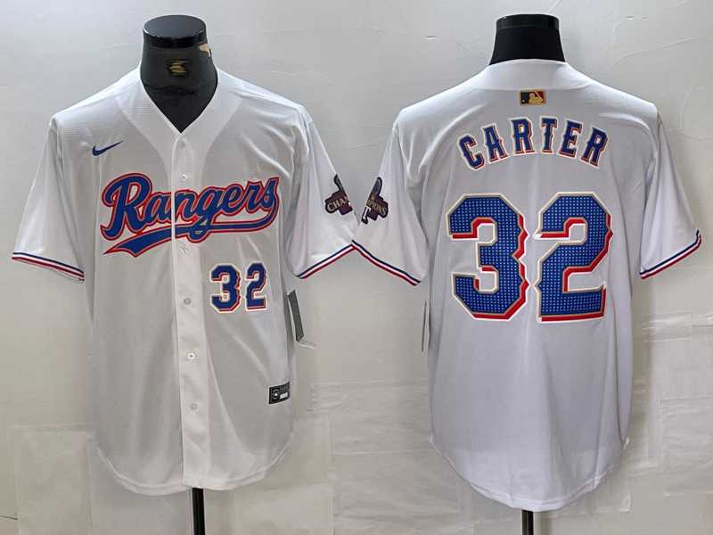 Mens Texas Rangers #32 Evan Carter Number White 2023 World Series Champions Cool Base Jerseys